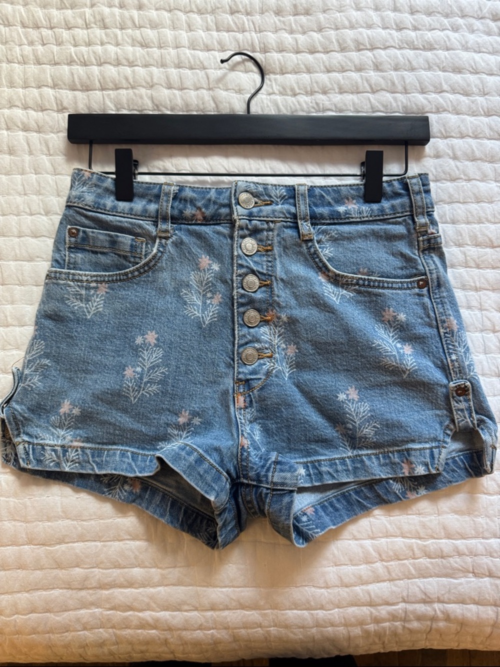 Anthropologie Light Blue Embroidered Floral Button-Front Denim Shorts